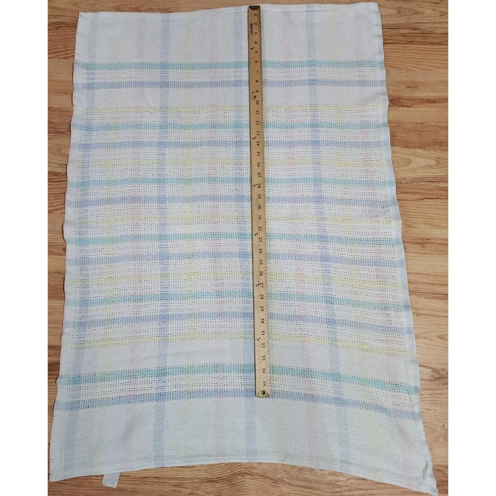 Vintage Pastel Plaid Cotton Waffle Knit Baby Blanket Blue Pink Yellow USA Made